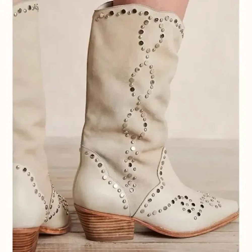 Free People Joelton Studded Western Boots tan and Lt Grey Leather EU 37 US 7